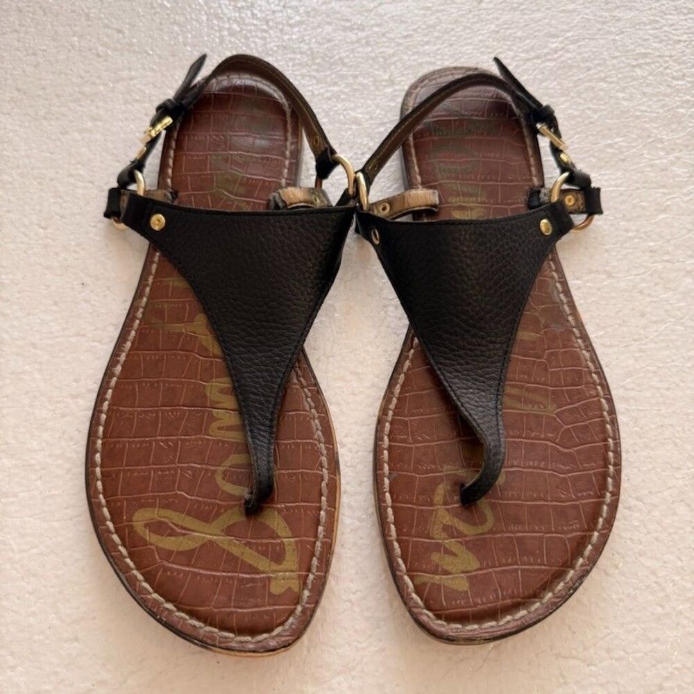 Sam Edelman Gigi Sandals Womens 9.5 Black Leather Thong Flat Gold Hardware